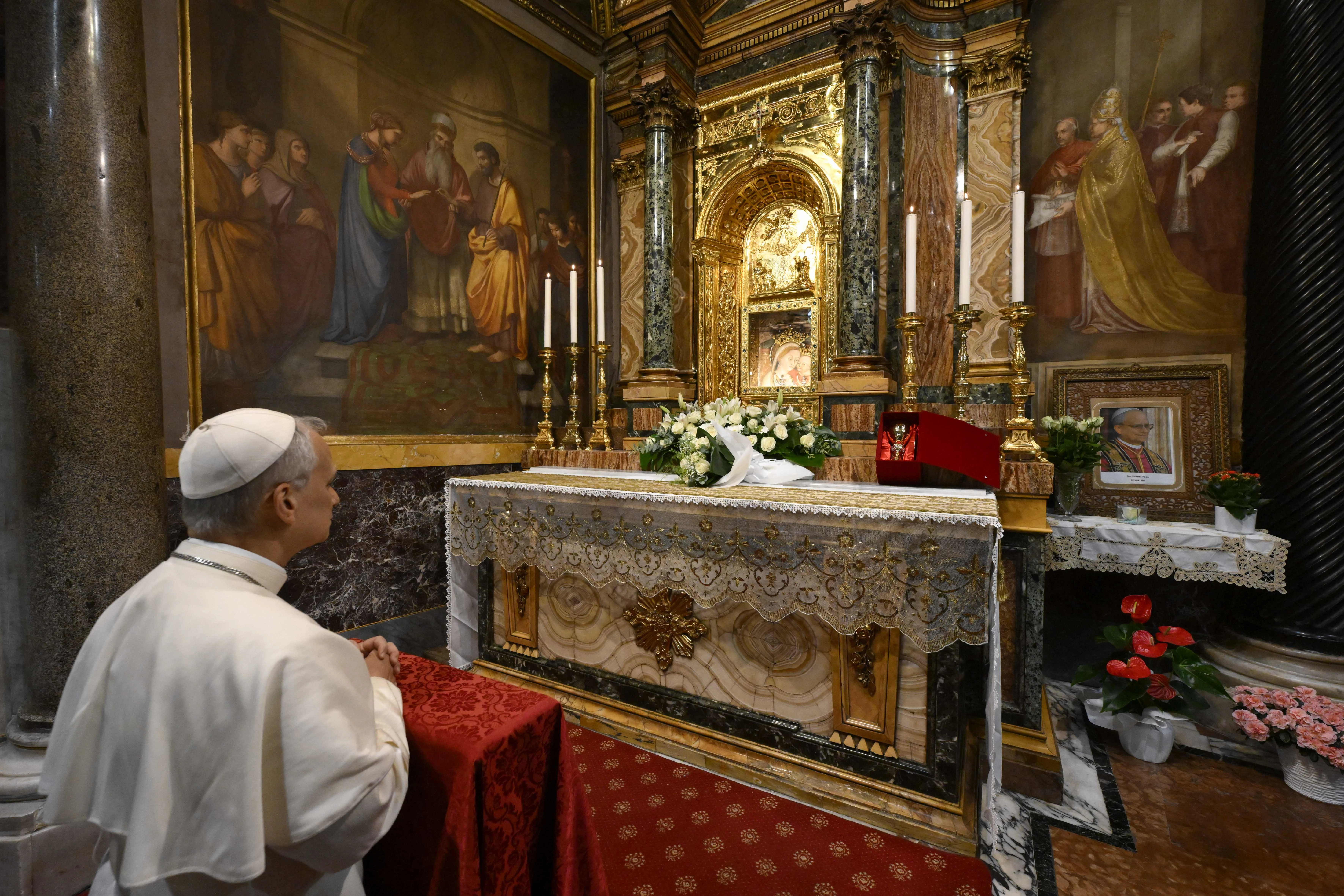 Pope Leo XIV prays in front of the famous icon at the Shrine of the Mother of Good Counsel in Genazzano, Italy, on Saturday, May 10, 2025.?w=200&h=150
