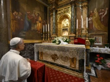 Pope Leo XIV prays in front of the famous icon at the Shrine of the Mother of Good Counsel in Genazzano, Italy, on Saturday, May 10, 2025.