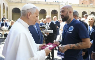 Pope Leo XIV speaks to an anti-drug advocate at the Apostolic Palace in Vatican City, Thursday, June 26, 2025 Credit: Vatican Media