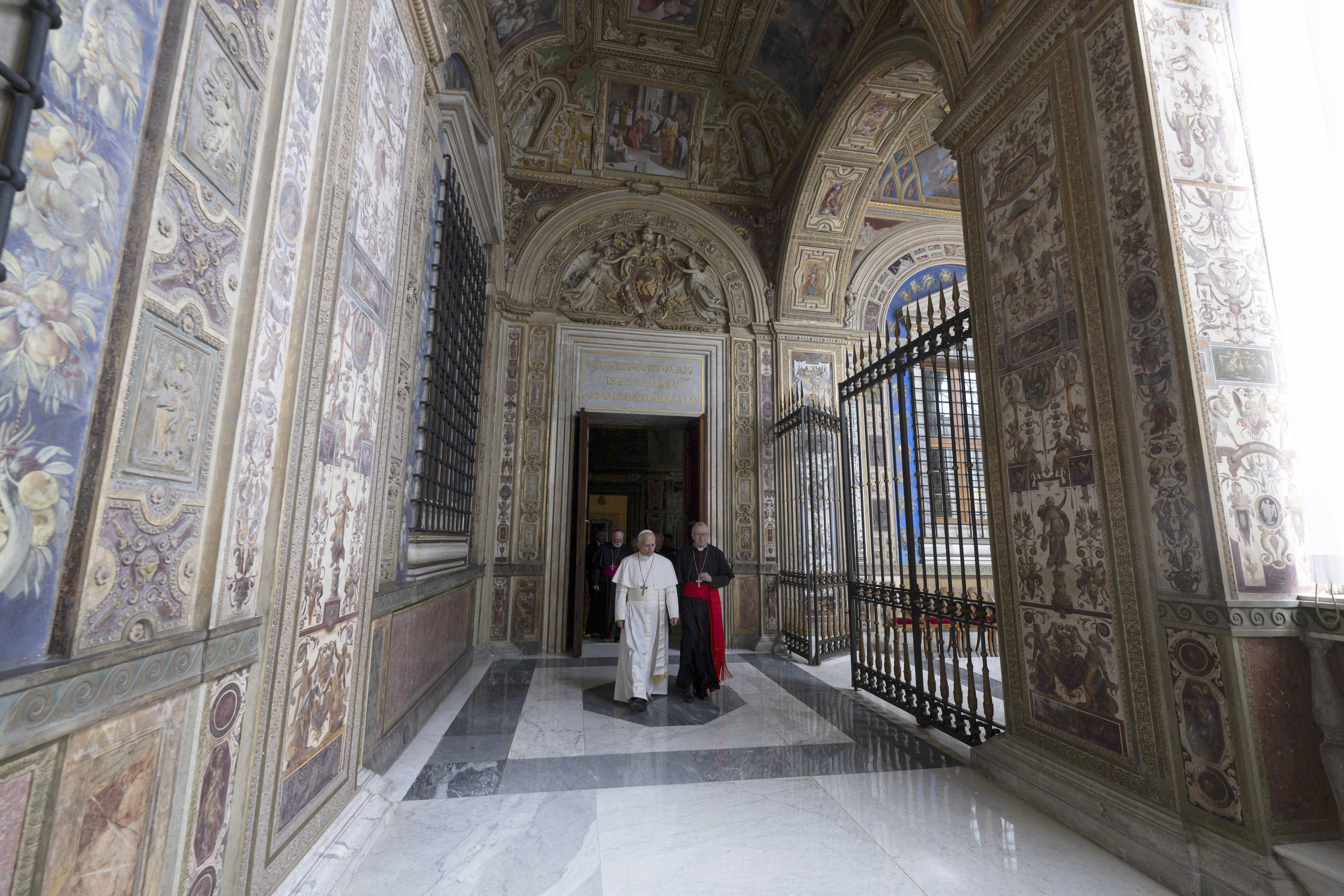 Pope Leo XIV walks in the corridor of the third loggia of the Apostolic Palace, where the papal apartment is located, on May 12, 2025, in Vatican City.?w=200&h=150