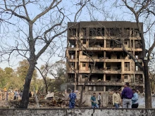 A general view shows a damaged building at the site where Air India flight 171 crashed in a residential area near the airport in Ahmedabad on June 12, 2025.