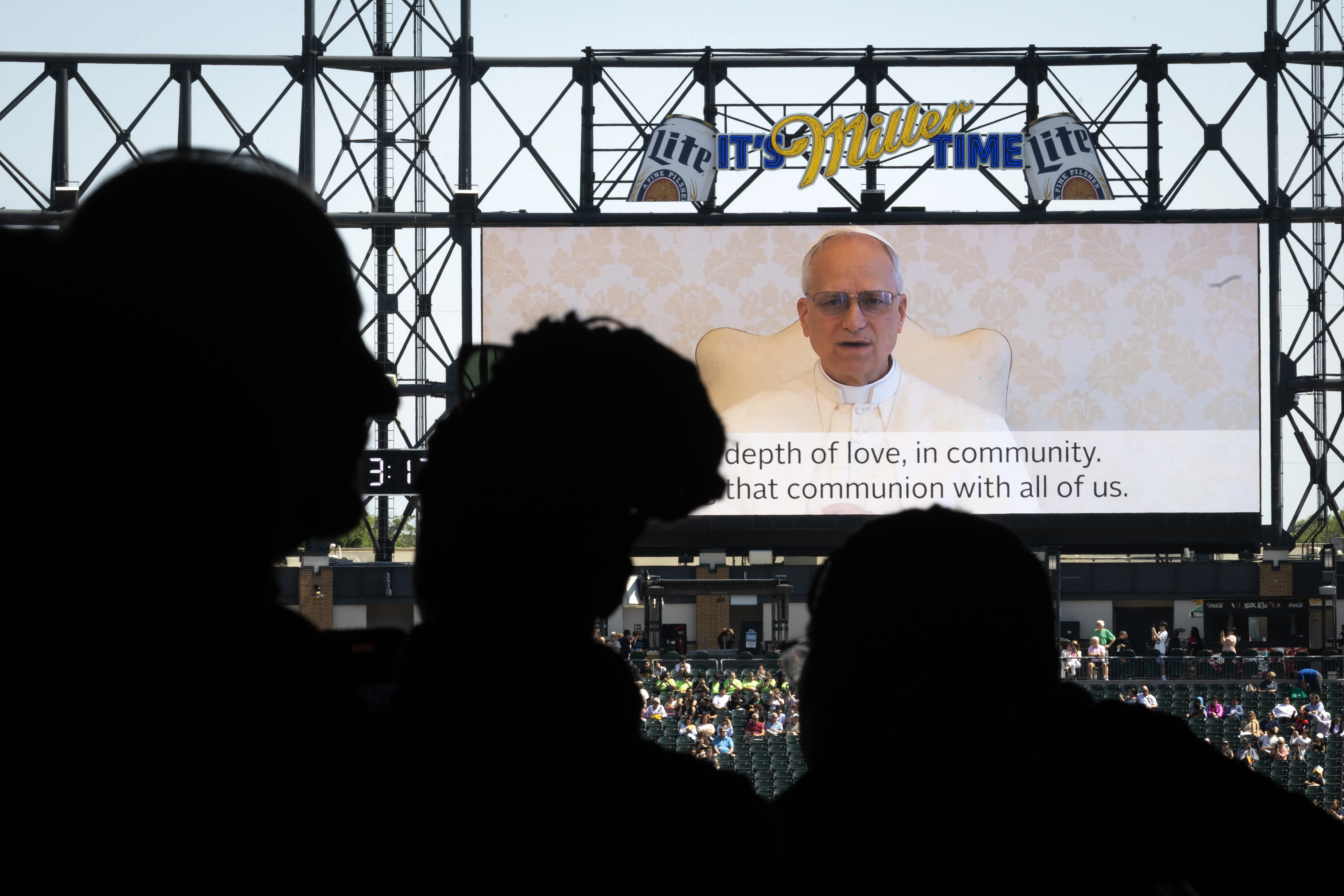 Pope Leo XIV addresses Catholic faithful on the scoreboard at Rate Field, home to the Chicago White Sox, during a celebration and Mass on June 14, 2025, in Chicago to honor his selection as pope.?w=200&h=150