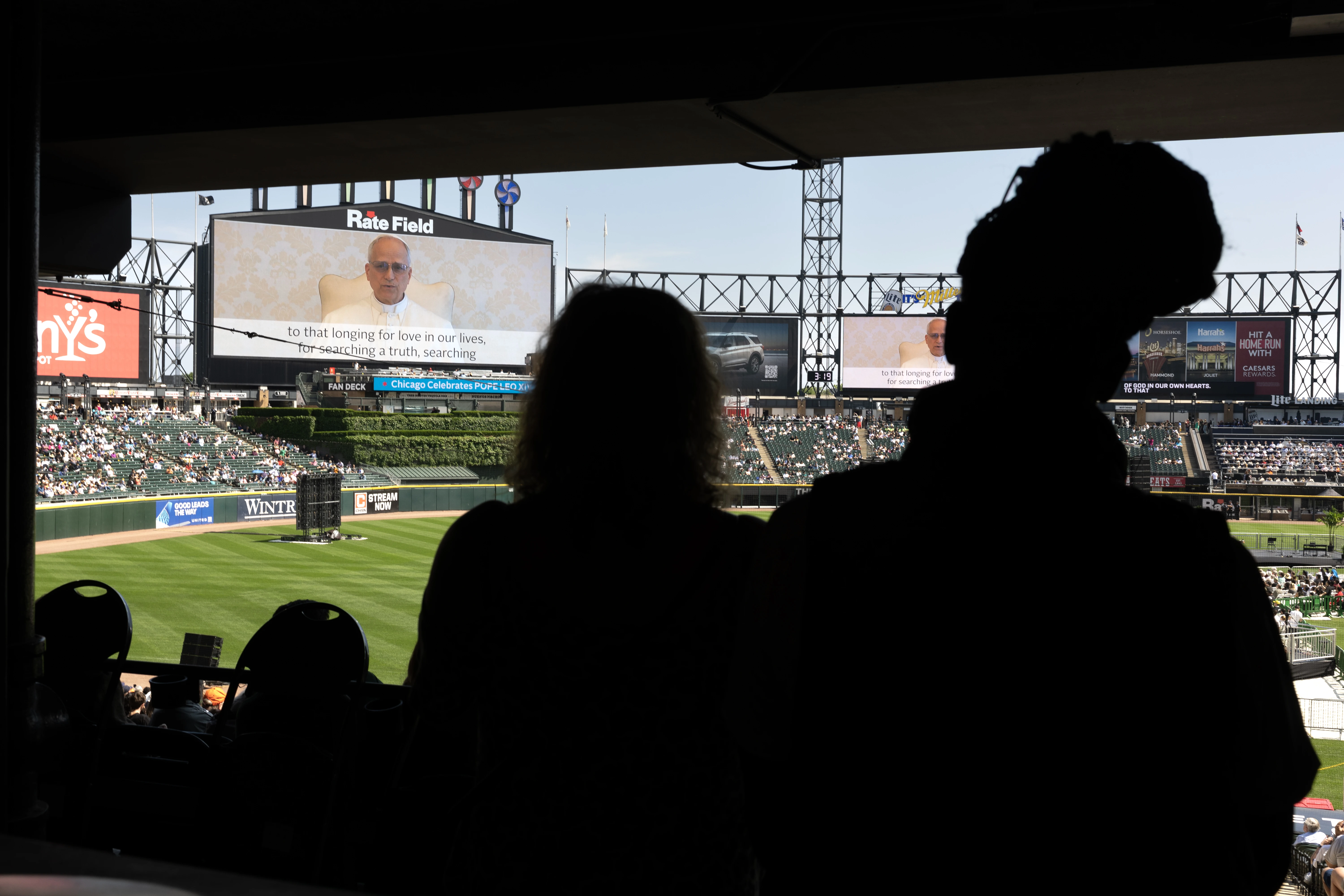 Pope Leo XIV addresses Catholic faithful on the scoreboard at Rate Field, home to the Chicago White Sox, on June 14, 2025, in Chicago during a celebration and Mass to honor his selection as pope.?w=200&h=150