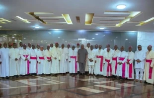 The bishops of Ghana are shown with Ghana President John Dramani Mahama at the Jubilee House in Accra on May 23, 2025. Credit: President of the Republic of Ghana