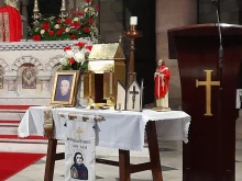An altar display of items associated with 17th-century English martyr St. Edmund Arrowsmith at the Church of St. Edmund and St. Oswald in Ashton-in-Makerfield, a former mining town midway between Liverpool and Manchester.