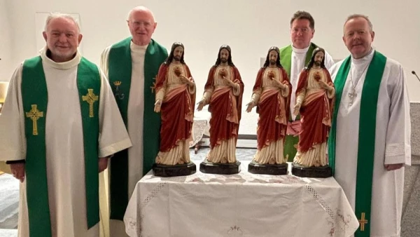 On display at the consecration Mass were four pilgrim Sacred Heart statues blessed by Pope Francis at the Vatican symbolizing Ireland’s historic four provinces. Ahead of the consecration, the pilgrim statues were brought to parishes throughout Ireland, accompanied by Father Shane Gallagher, Father John Mockler, Dom Basil Mary McCabe, and Father Shane Sullivan. Credit: Sean Flynn/Irish Catholic Bishops Conference