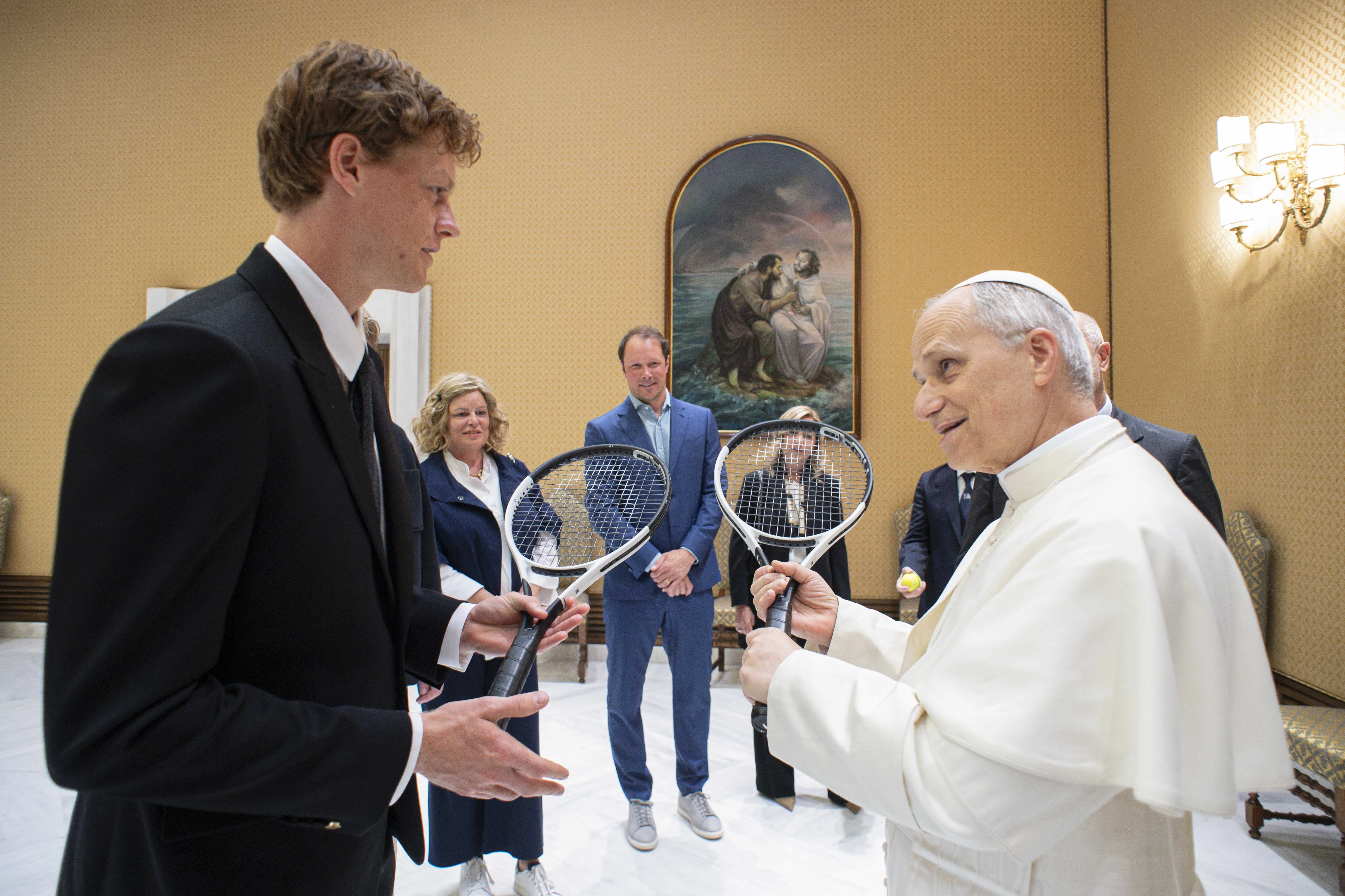 Pope Leo XIV meets with Italian tennis star Jannick Sinner on May 14, 2025, at the Vatican.?w=200&h=150