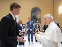 Pope Leo XIV meets with Italian tennis star Jannick Sinner on May 14, 2025, at the Vatican.