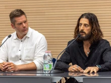 Director Dallas Jenkins (left) and Jonathan Roumie, who plays Jesus in the wildly successful TV series “The Chosen,” speak with journalists during a press conference on June 23, 2025, at the Vatican.