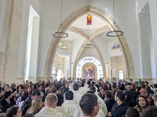 A depiction of the Baptism of the Lord is prominently placed in the new Church of the Baptism in Jordan during the church’s inauguration on Jan. 10, 2025.