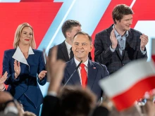 Karol Nawrocki, presidential candidate of the Law and Justice Party (PiS), speaks to supporters following the Polish presidential runoff election on June 1, 2025.