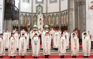 The 26 new priests of the Archdiocese of Seoul give their first blessing after the ordination ceremony on Feb. 7, 2025. Credit: Archdiocese of Seoul