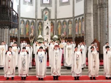 The 26 new priests of the Archdiocese of Seoul give their first blessing after the ordination ceremony on Feb. 7, 2025.