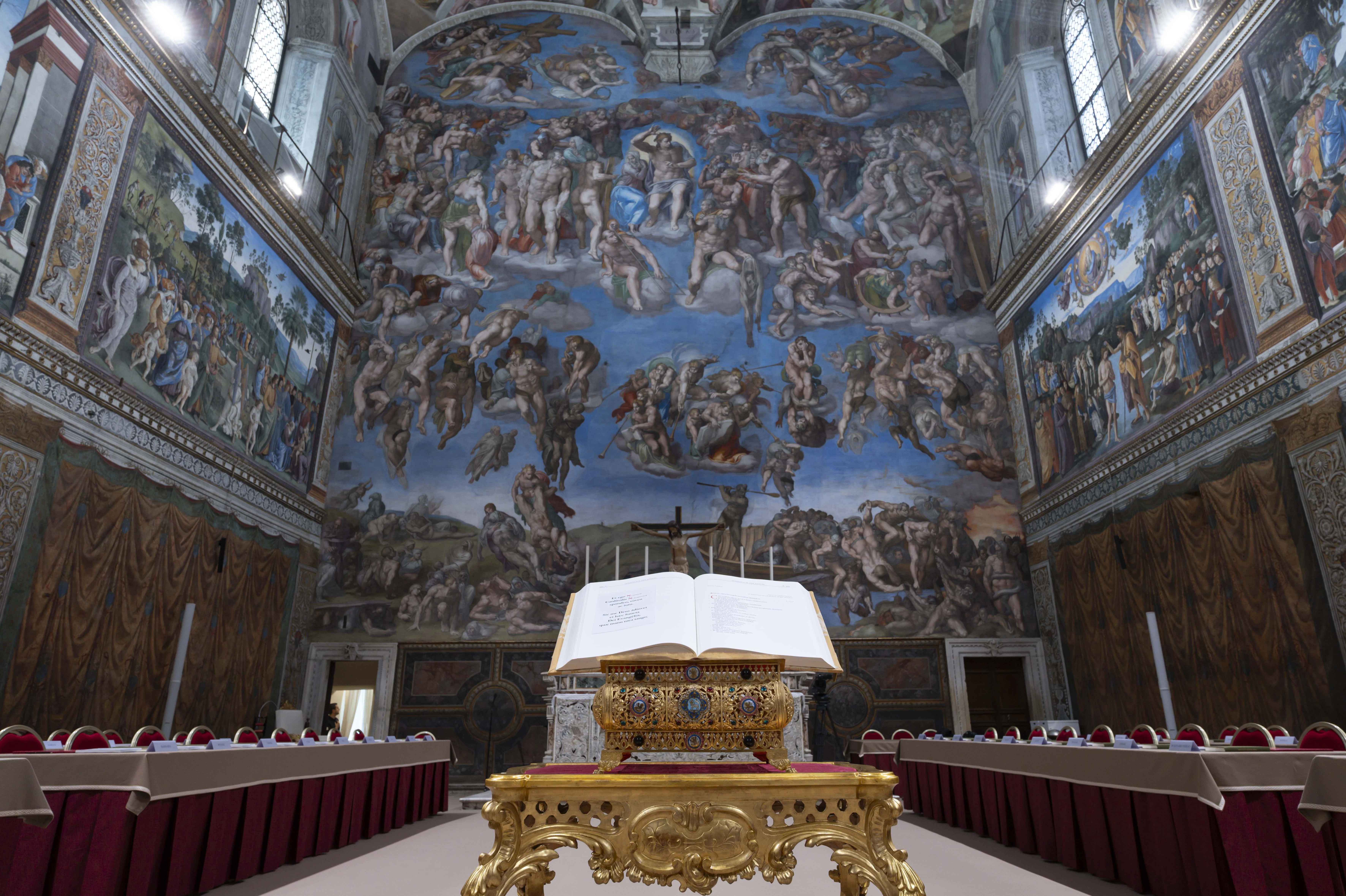 The Book of the Gospels is displayed at the Sistine Chapel for the conclave to elect the next pope, Tuesday, May 6, 2025.?w=200&h=150