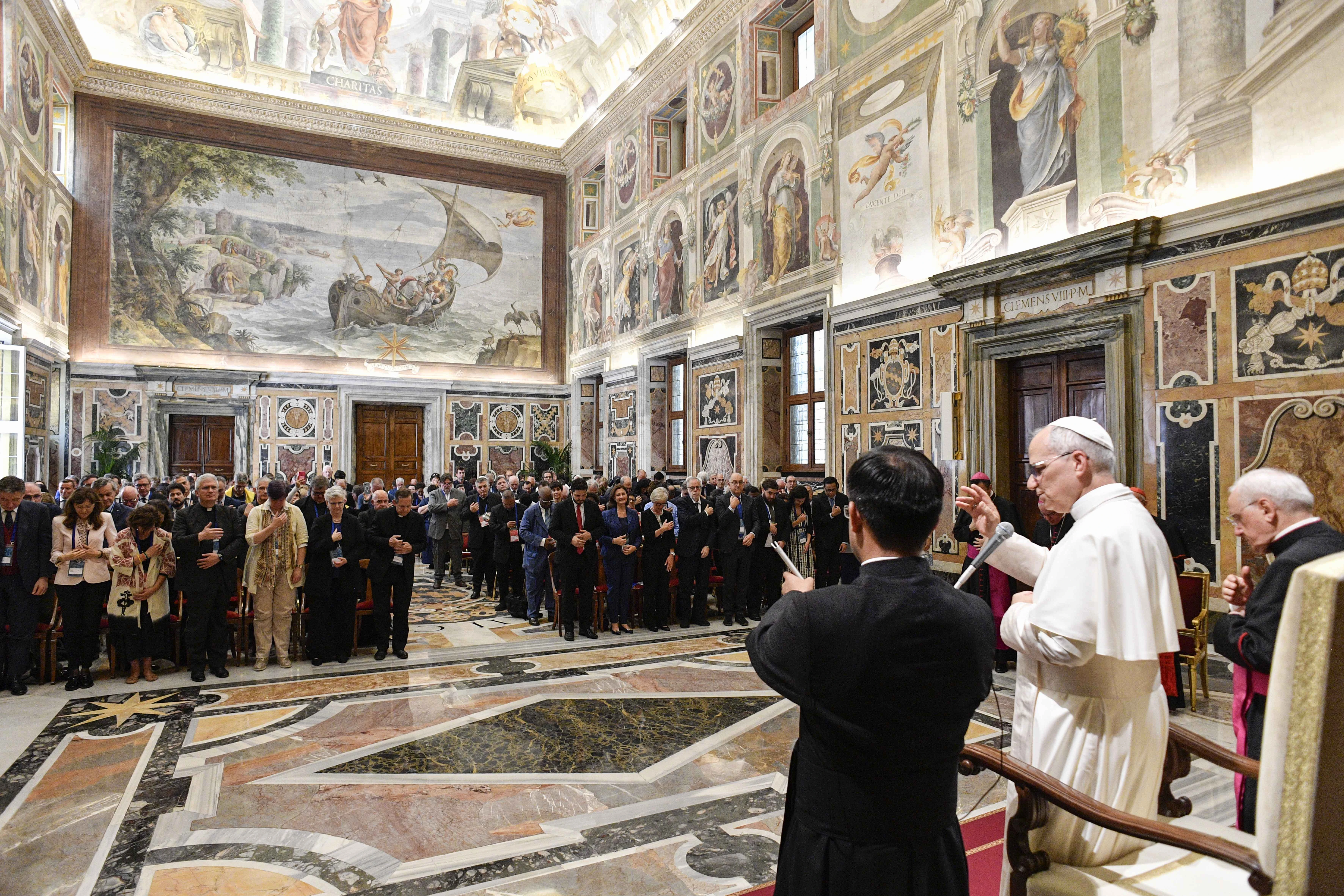 Pope Leo XIV meets with delegates to the annual meeting of moderators of associations of the faithful, ecclesial movements, and new communities on June 6, 2025, at the Vatican.?w=200&h=150