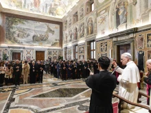 Pope Leo XIV meets with delegates to the annual meeting of moderators of associations of the faithful, ecclesial movements, and new communities on June 6, 2025, at the Vatican.