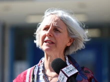Livia Tossici-Bolt speaks to the media after being found guilty of two charges of breaching the Public Spaces Protection Order at Poole Magistrates’ Court on April 4, 2025, in Poole, England.