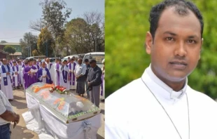 At left, funeral of Father Donald Martin Ye Naing Win (pictured at right), martyred in Myanmar on Feb. 14, 2025. Credit: Archdiocese of Mandalay