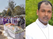 At left, funeral of Father Donald Martin Ye Naing Win (pictured at right), martyred in Myanmar on Feb. 14, 2025.
