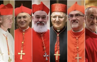From left to right: Cardinal Louis Sako (Iraq), Cardinal Mario Zenari (Syria), Cardinal Dominique Mathieu (Iran), 
Cardinal Louis Sako (Iraq), Cardinal Pierbattista Pizzaballa (Jerusalem), and Cardinal Cristóbal López Romero (Morocco). Credits: Romy Haber/ACI MENA