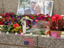 A makeshift memorial for Minnesota state Rep. Melissa Hortman and her husband, Mark, is seen at the Minnesota State Capitol building on June 16, 2025, in St. Paul, Minnesota.