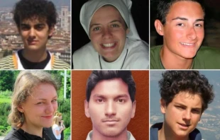Top row from left: Pierangelo Capuzzimati, Sr. Clare Crockett, Matteo Farina. Bottom row from left: Helena Agnieszka Kmieć, Akash Bashir, Carlo Acutis. Credit: Courtesy of Associazone Pierangelo Capuzzimati; Hermanas Siervas del Hogar de la Madre; matteofarina.com; The Helena Kmiec Foundation; Aid to the Church in Need; Asociación Carlo Acutis