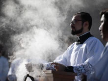 Smoke from incense drifts in the air at the Cathedral of Our Lady of the Angels in Los Angeles, California, where the 2025 National Eucharistic Pilgrimage concluded on June 22, 2025.