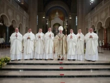 Seven Dominican brothers were ordained to the priesthood by Archbishop Anthony Fisher, OP, who leads the Archdiocese of Sydney, Australia. The newest Dominican priests are Louis Mary Bethea, Gregory Marie Santy, Bertrand Marie Hebert, Basil Mary Burroughs, Titus Mary Sanchez, Nicodemus Maria Thomas, and Linus Mary Martz, pictured here with the archbishop at their ordination at the the Basilica of the National Shrine of the Immaculate Conception in Washington, D.C., on June 4, 2025.