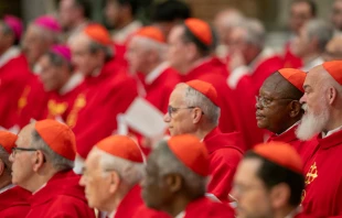 Cardinals celebrate the Novendiales Masses on the fourth day of mourning for Pope Francis on April 29, 2025, in St. Peter’s Basilica at the Vatican. Credit: Daniel Ibañez/CNA