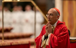 Cardinal Baldassare Reina celebrates Mass on Day 3 of the Novendiales Masses for Pope Francis on April 28, 2025, in St. Peter’s Basilica at the Vatican. Credit: Daniel Ibañez/CNA