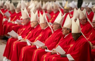Cardinals celebrate the sixth Novendiales Mass for Pope Francis on May 1, 2025, in St. Peter’s Basilica at the Vatican. Credit: Daniel Ibañez/CNA