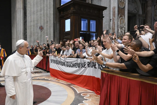 Pope Leo XIV reciprocates the enthusiasm of the seminarians in attendance at a gathering for the Jubilee of Seminarians on June 24, 2025, at the Vatican. Credit: Vatican Media