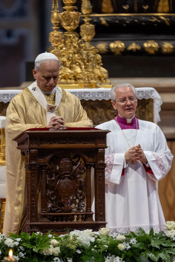 Pope Leo XIV prays in St. Peter’s Basilica on the solemnity of the Most Sacred Heart of Jesus, Friday, June 27, 2025. Credit: Daniel Ibáñez/CNA
