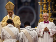 Pope Leo XIV ordains a priest in St. Peter’s Basilica on the solemnity of the Most Sacred Heart of Jesus, Friday, June 27, 2025.