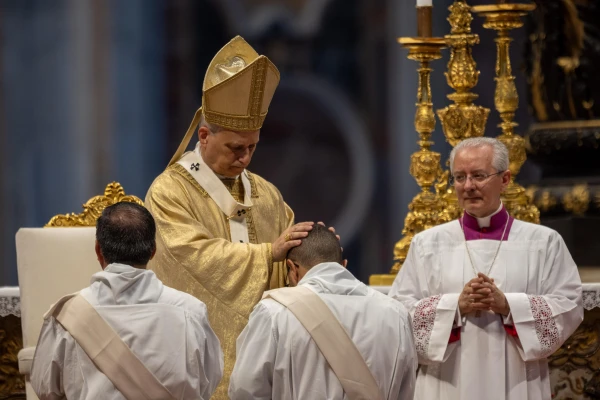 Pope Leo XIV ordains a priest in St. Peter’s Basilica on the solemnity of the Most Sacred Heart of Jesus, Friday, June 27, 2025. Credit: Daniel Ibáñez/CNA