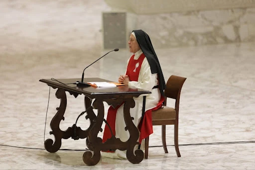 Cloistered monastic nun Sister Maria Gloria Riva of the Nuns of Perpetual Adoration of the Blessed Sacrament addresses Pope Leo XIV, cardinals, bishops, and other employees at the Vatican for the Jubilee of the Holy See on June 9, 2025.?w=200&h=150
