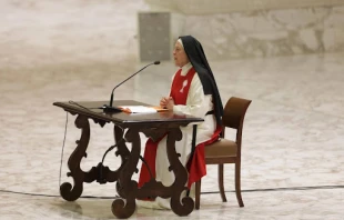 Cloistered monastic nun Sister Maria Gloria Riva of the Nuns of Perpetual Adoration of the Blessed Sacrament addresses Pope Leo XIV, cardinals, bishops, and other employees at the Vatican for the Jubilee of the Holy See on June 9, 2025. Credit: Daniel Ibanez/CNA