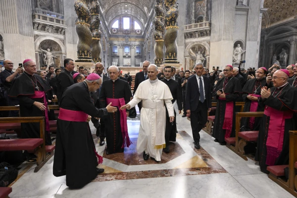 Pope Leo XIV greets bishops gathered for the Jubilee of Bishops on June 25, 2025, in St. Peter’s Basilica at the Vatican. Credit: Vatican Media