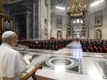 Pope Leo XIV speaks to bishops gathered for the Jubilee of Bishops on June 25, 2025, in St. Peter’s Basilica at the Vatican.