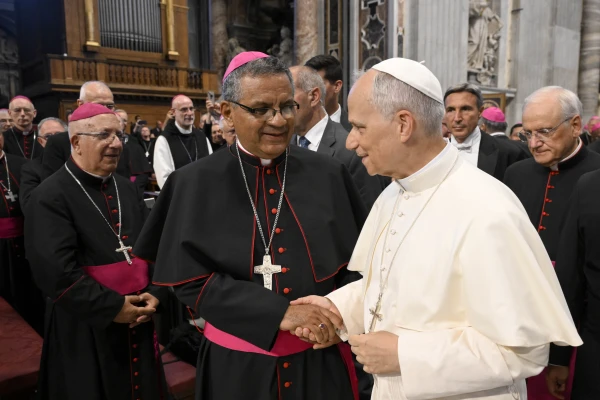 Pope Leo XIV greets bishops gathered for the Jubilee of Bishops on June 25, 2025, in St. Peter’s Basilica at the Vatican. Credit: Vatican Media