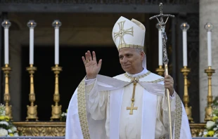 Pope Leo XIV waves to those gathered for Mass on the solemnity of Corpus Christi on Sunday, June 22, 2025, in Rome. Credit: Vatican Media