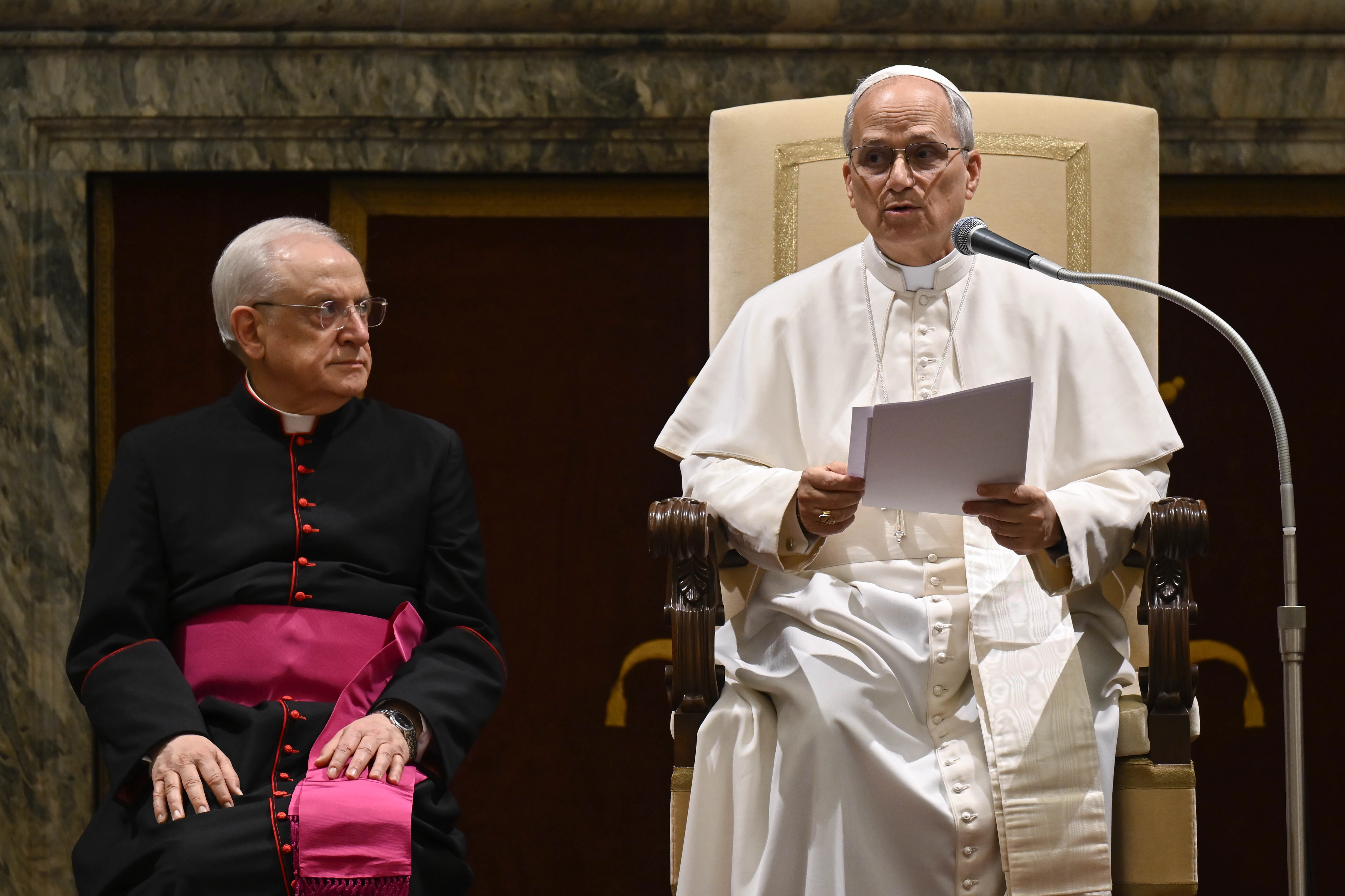 Pope Leo XIV addresses more than 100 ambassadors in an audience on Friday, May 16, 2025, in the Clementine Hall at the Vatican.?w=200&h=150