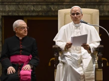 Pope Leo XIV addresses more than 100 ambassadors in an audience on Friday, May 16, 2025, in the Clementine Hall at the Vatican.