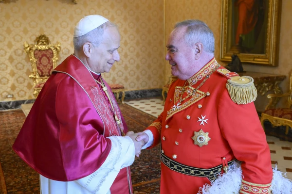 Pope Leo XIV meets with the Order of Malta’s grand master, Fra’ John Dunlap, at the Vatican on June 23, 2025. Credit: Vatican Media