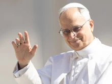 Pope Leo XIV waves to pilgrims during his general audience on Wednesday, May 28, 2025, in St. Peter’s Square at the Vatican.