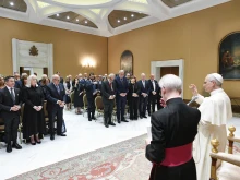 Pope Leo XIV gives a blessing to memebers of the National Italian American Foundation in their meeting on June 4, 2025, at the Vatican.