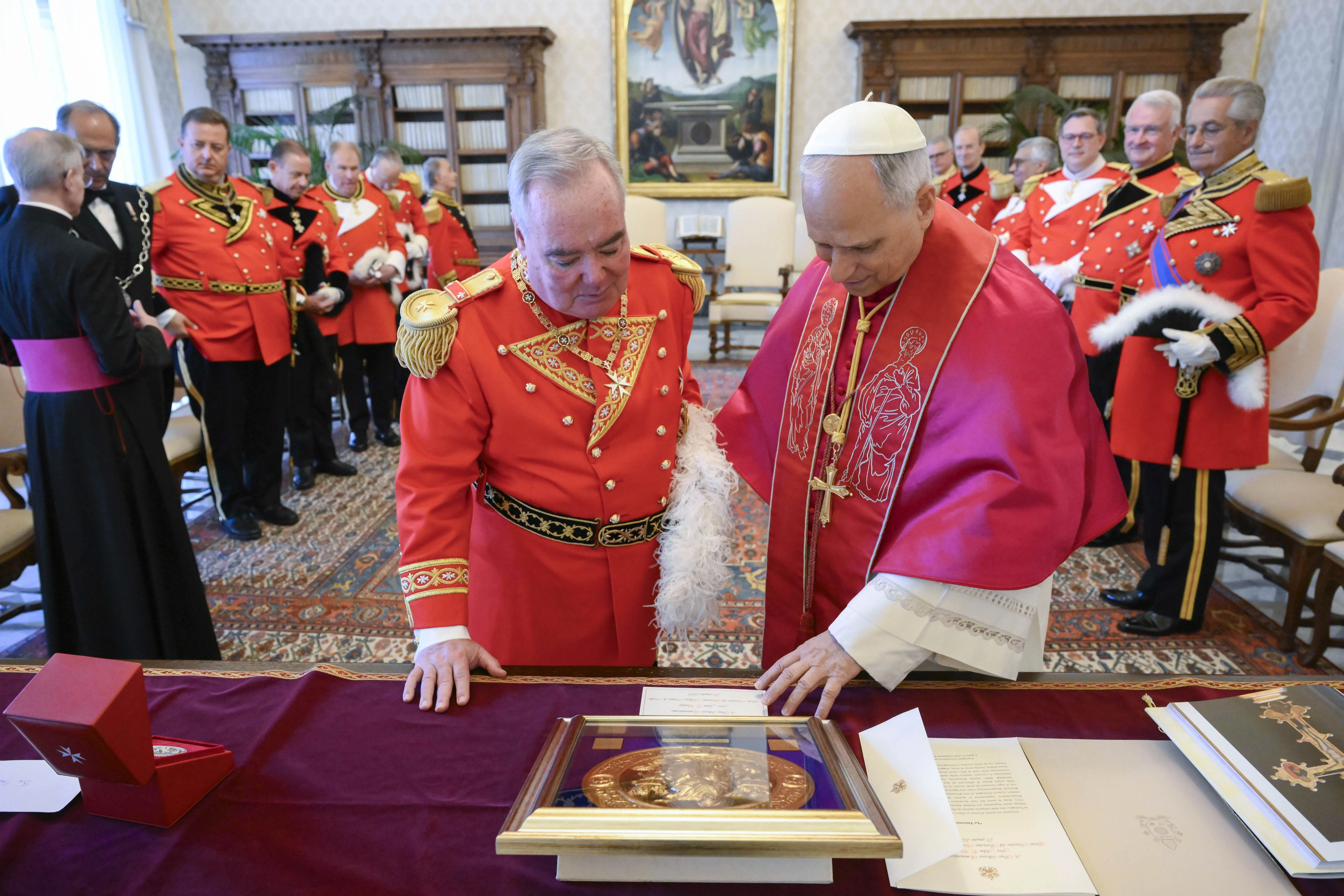 Pope Leo XIV meets with the Order of Malta’s grand master, Fra’ John Dunlap, and members of the Order of Malta on June 23, 2025, at the Vatican.?w=200&h=150