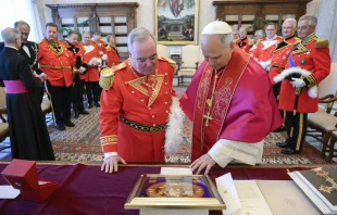 Pope Leo XIV meets with the Order of Malta’s grand master, Fra’ John Dunlap, and members of the Order of Malta on June 23, 2025, at the Vatican. Credit: Vatican Media