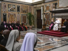 Pope Leo XIV addresses members of the Pontifical Missions Societies on May 22, 2025, at the Vatican.