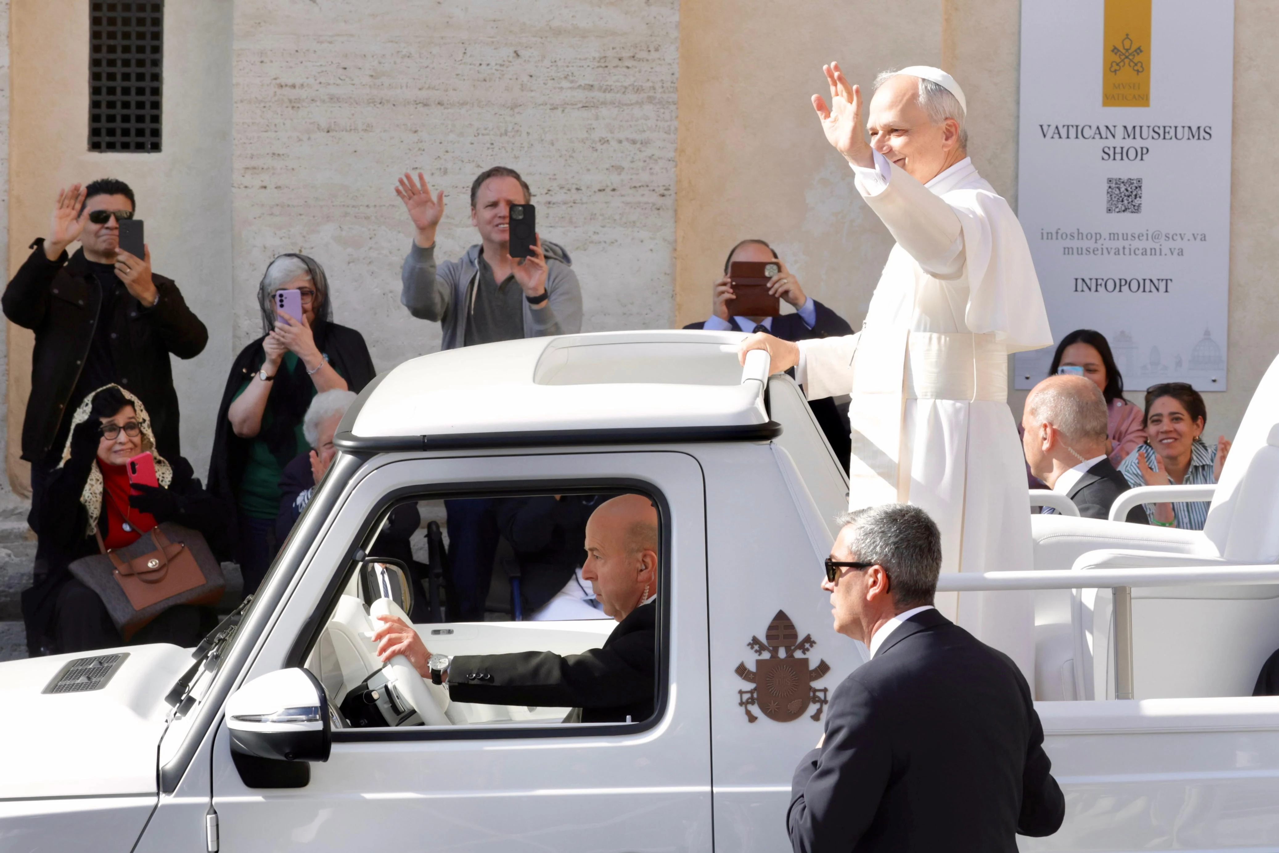 Pope Leo XIV greets crowds in St. Peter’s Square from the popemobile on Sunday, May 18, 2025.?w=200&h=150